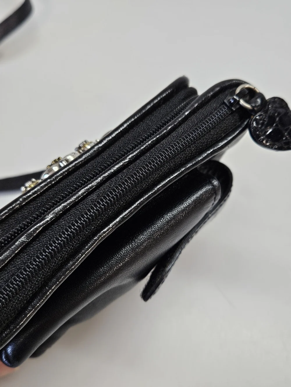 Brighton Mini Black Leather Silver Tone Hearts Crossbody Purse Bag